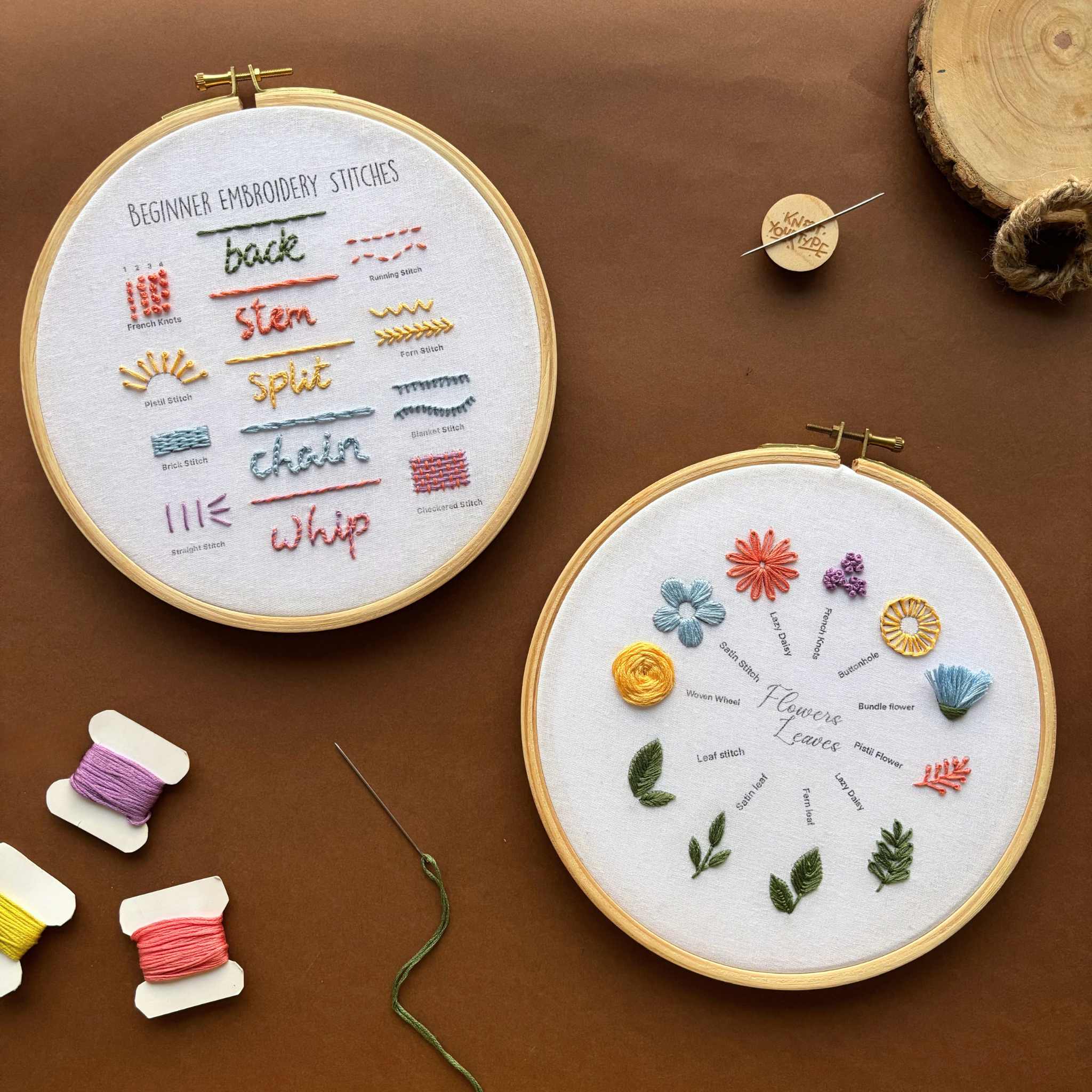 Beginner's Friendly DIY Embroidery Learning Kit - Stitches & Flowers - Bundle Of 2